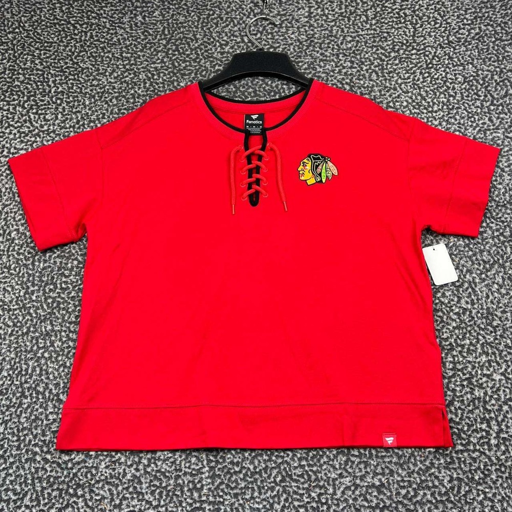 Chicago Blackhawks Shirt Women Medium Red Fanatics Lace Up Short Sleeve New M